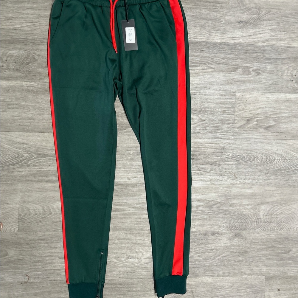 Men Green Track Pants with Red Stripes